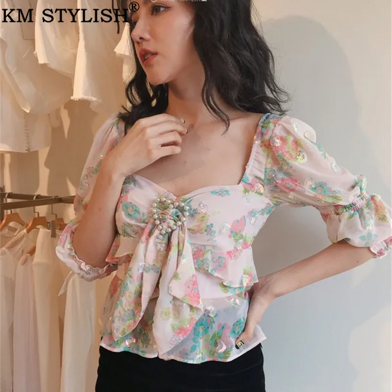 2019 Summer New Women's Fashion French Sexy Feminine Square Collar Printed Sequins Chiffon Shirt Blouse Top
2019 Summer New Women's Fashion French Sexy Feminine Square Collar Printed Sequins Chiffon Shirt Blouse Top