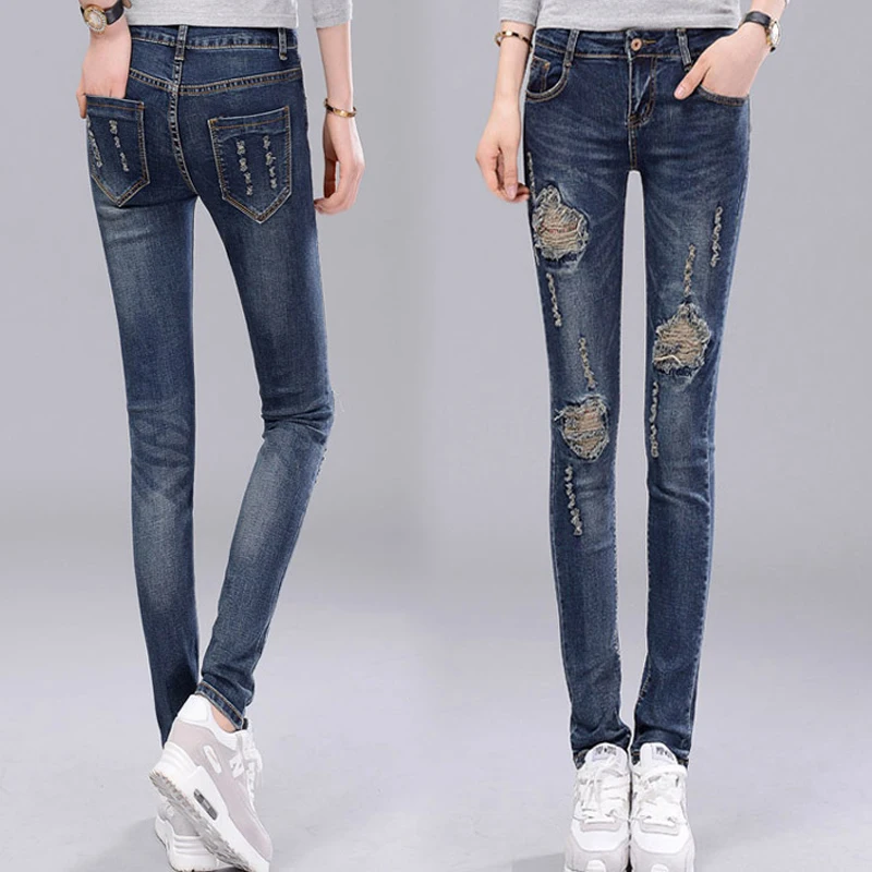 2016 Spring Summer Ripped Jeans for women Female Denim Pencil Pants Skinny Trousers Femme Bottoms Dark Blue Holes Vintage
2016 Spring Summer Ripped Jeans for women Female Denim Pencil Pants Skinny Trousers Femme Bottoms Dark Blue Holes Vintage