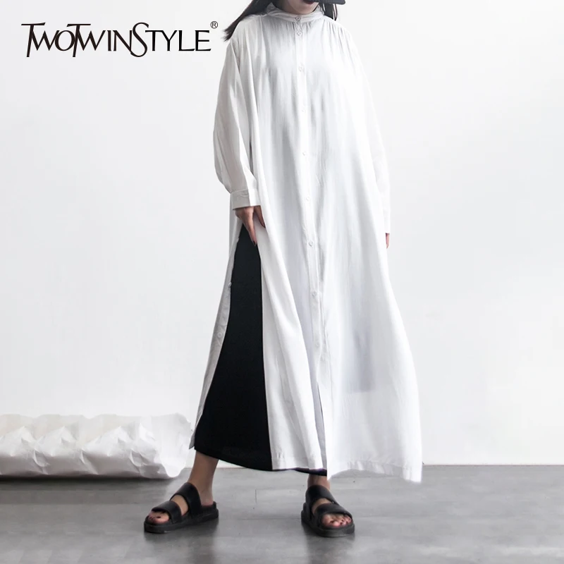 TWOTWINSTYLE Long Shirt Female Stand Collar High Split Oversize Thin Midi Blouse 2019 Spring Summer Fashion Casual Clothing
TWOTWINSTYLE Long Shirt Female Stand Collar High Split Oversize Thin Midi Blouse 2019 Spring Summer Fashion Casual Clothing