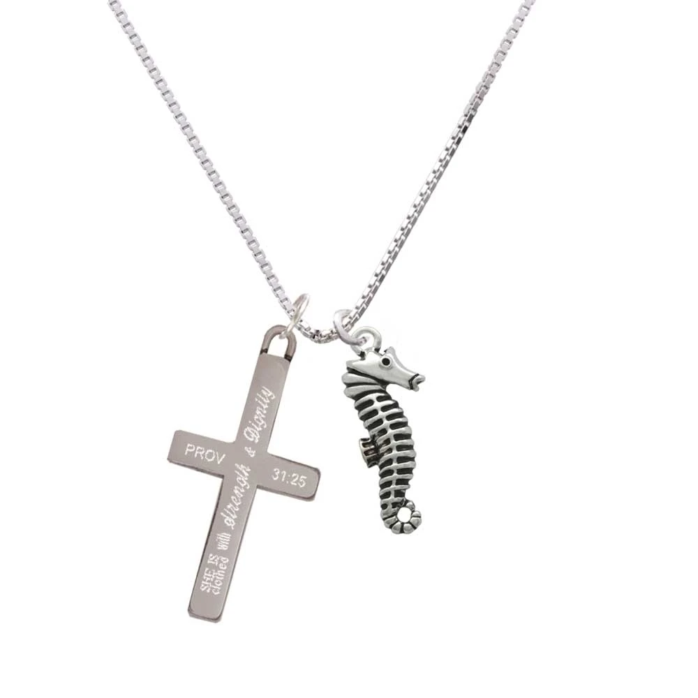 Antiqued Seahorse - Strength and Dignity - Cross Necklace