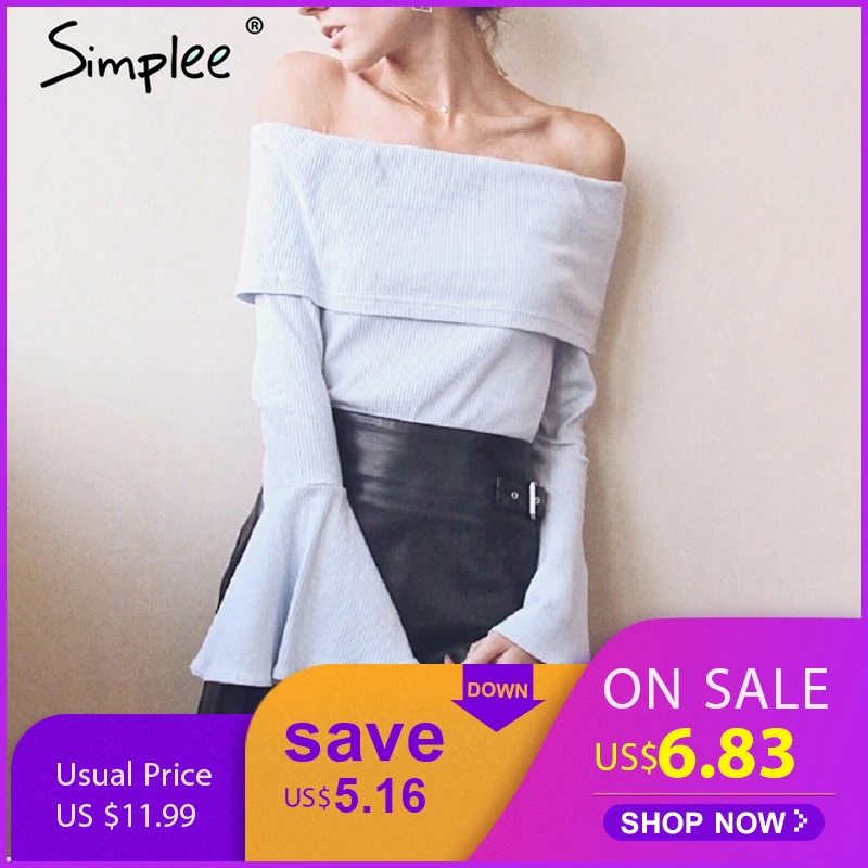 Simplee Off shoulder flare sleeve knitted sweater Sexy elastic bodycon short pullover women tops Autumn winter basic jumper 2017
Simplee Off shoulder flare sleeve knitted sweater Sexy elastic bodycon short pullover women tops Autumn winter basic jumper 2017