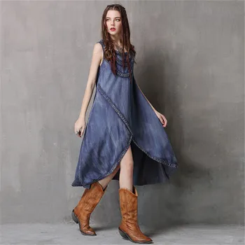 Vintage Summer Tank Dress 2018 New Women Loose Dresses O-Neck Sleeveless Smocking Asymmetrical Hem Vestidos Denim Dress
Vintage Summer Tank Dress 2018 New Women Loose Dresses O-Neck Sleeveless Smocking Asymmetrical Hem Vestidos Denim Dress