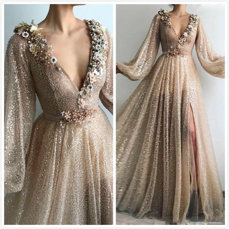 Sparkly Champagne Prom Gowns Sexy Split Deep V Neck Formal Dress Sequins Tulle Elegant Evening Party Dress Custom made Zipper
Sparkly Champagne Prom Gowns Sexy Split Deep V Neck Formal Dress Sequins Tulle Elegant Evening Party Dress Custom made Zipper