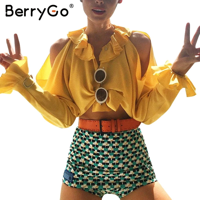 BerryGo Sexy cold shoulder summer blouse women Tiered ruffle neck tops blousa Casual long sleeve chiffon blouse shirt
BerryGo Sexy cold shoulder summer blouse women Tiered ruffle neck tops blousa Casual long sleeve chiffon blouse shirt