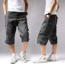 Verão longo comprimento carga shorts homens na altura do joelho bolso casual algodão cintura elástica bermudas masculino estilo militar capri breeche exército(China)