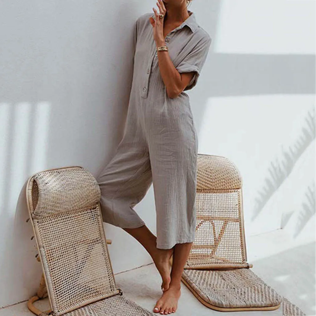 Women Baggy Cotton Linen Jumpsuit Casual Solid Wide Leg Jumpsuits Buttons Lapel Short Sleeve Summer Boho Overalls #T30
Women Baggy Cotton Linen Jumpsuit Casual Solid Wide Leg Jumpsuits Buttons Lapel Short Sleeve Summer Boho Overalls #T30