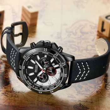 

MEGIR Fashion Military Quartz Watch Men Top Brand Luxury 3 Dials 6 Hands Calendar Black Leather Strap Outdoor Sports Wristwatch