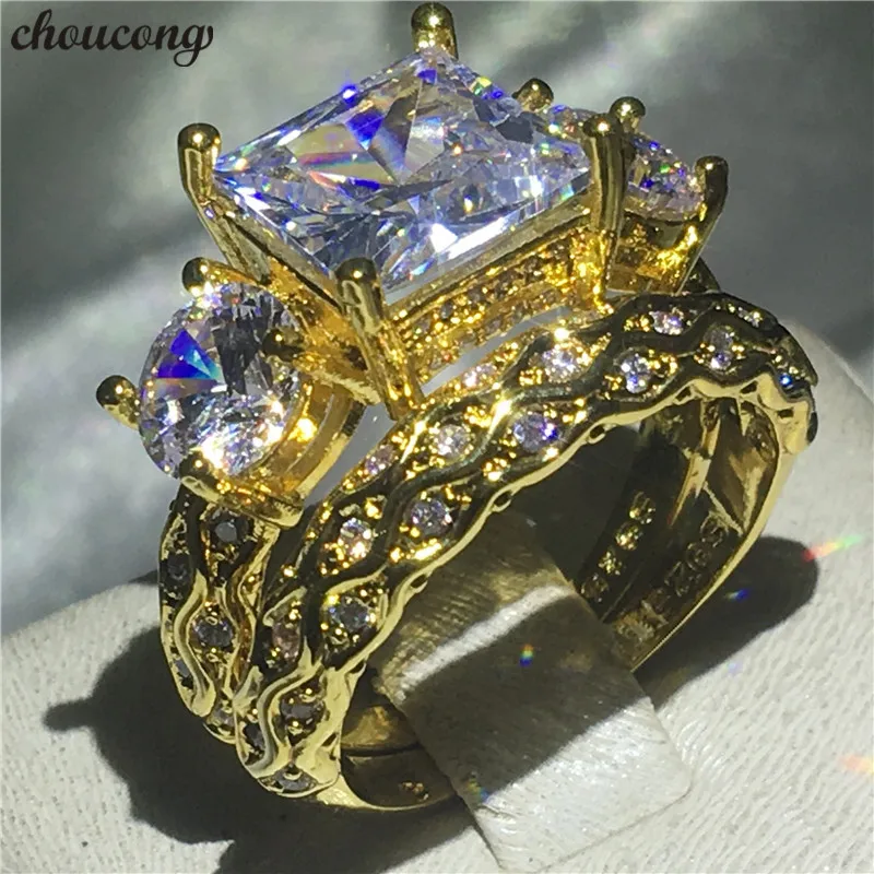 Винтажный набор колец choucong желтое золото три камня AAAAA cz обручальное кольцо