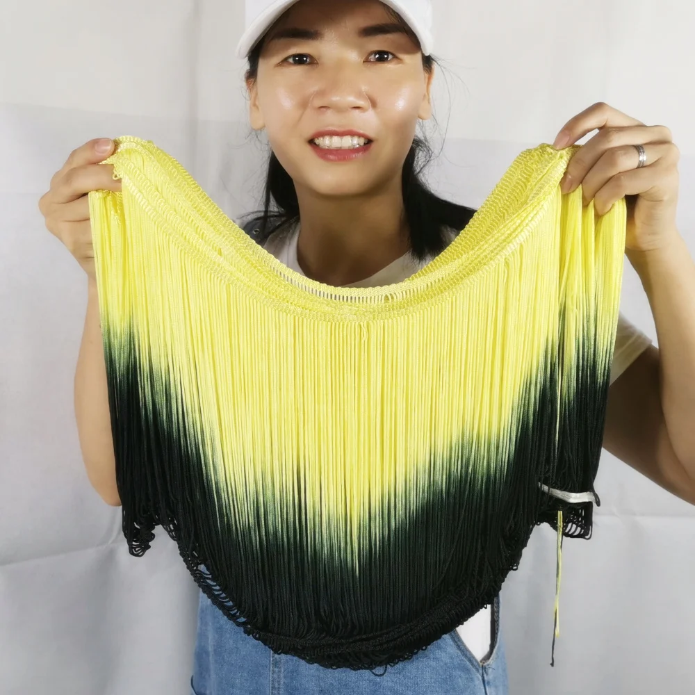 

YACKALASI 5 Yds Dip Dye Omble Fringe Tassel Rayon Latin Dress Macrame Lace Samba DanceWear Trimming Sewing Trims Yellow Blk 25cm