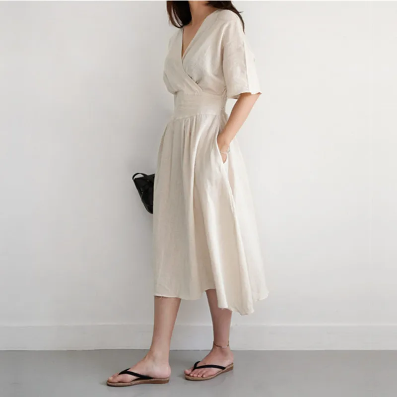 Korean Style Elastic Waist V-neck Dress 2019 Slim Short Sleeves Solid Color Over Knee Long Cool Cotton and Linen Dress Vestidos
Korean Style Elastic Waist V-neck Dress 2019 Slim Short Sleeves Solid Color Over Knee Long Cool Cotton and Linen Dress Vestidos