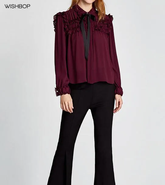 2018SS New Woman Basic TOP Burgundy RUFFLED BLOUSE WITH CONTRASTING BOW Lapel collar long sleeves button-up Shirt
2018SS New Woman Basic TOP Burgundy RUFFLED BLOUSE WITH CONTRASTING BOW Lapel collar long sleeves button-up Shirt
