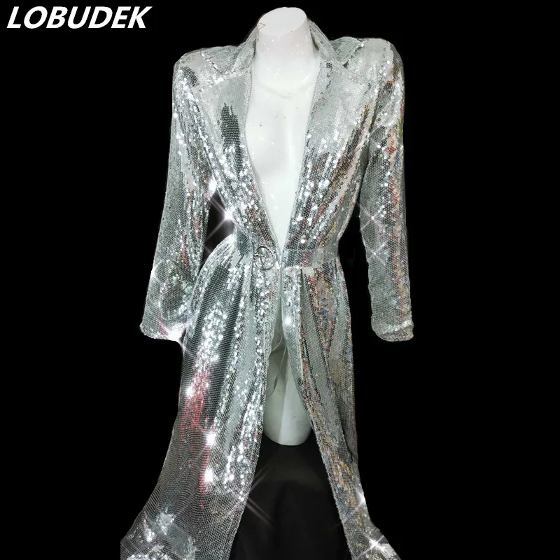 

Nightclub Concert Overcoat Women Singer Costume Fashion Silver Sequins Long Coat Sequined Cloak Leading Dancer Show Stage Wear