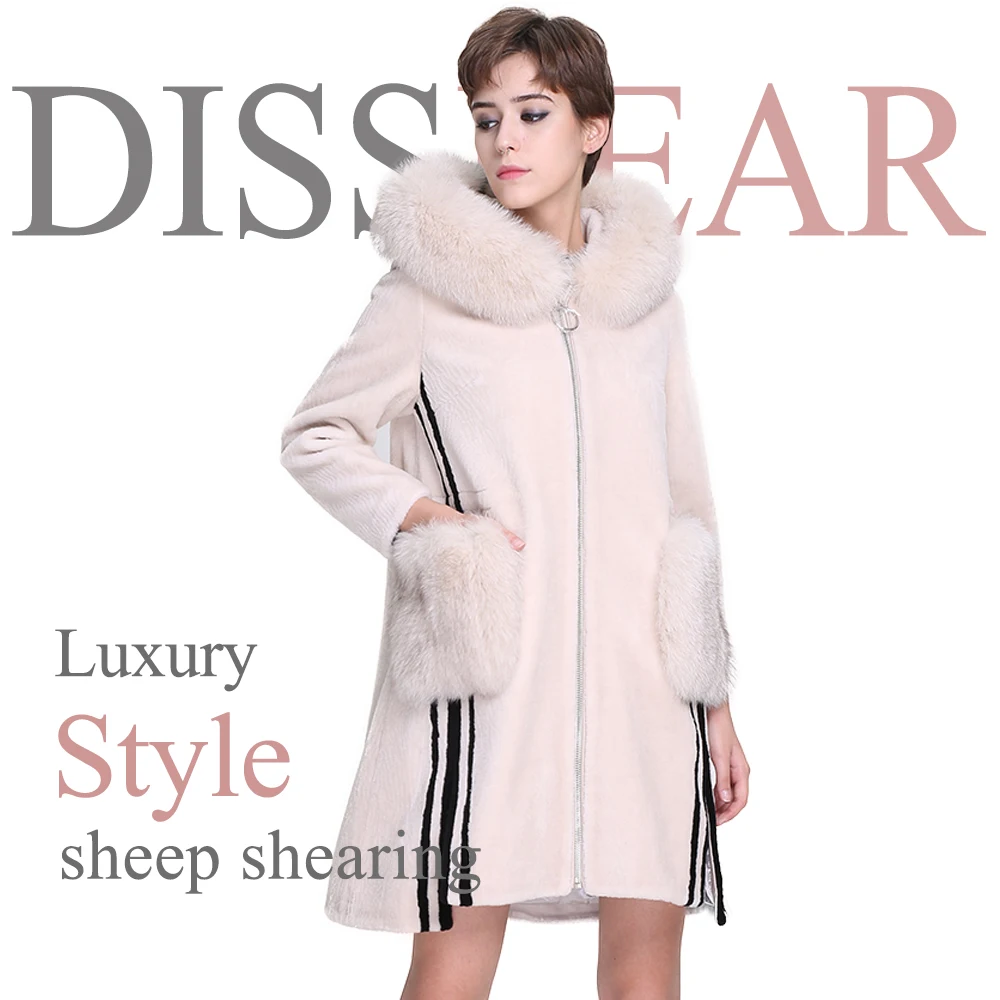 Fashion Wool Coat Sheepskin Winter Women Natural Fox Fur Hood Overcoat Medium Long Full Sleeve Real Sheep Fur Shearing Jackets 
Fashion Wool Coat Sheepskin Winter Women Natural Fox Fur Hood Overcoat Medium Long Full Sleeve Real Sheep Fur Shearing Jackets
