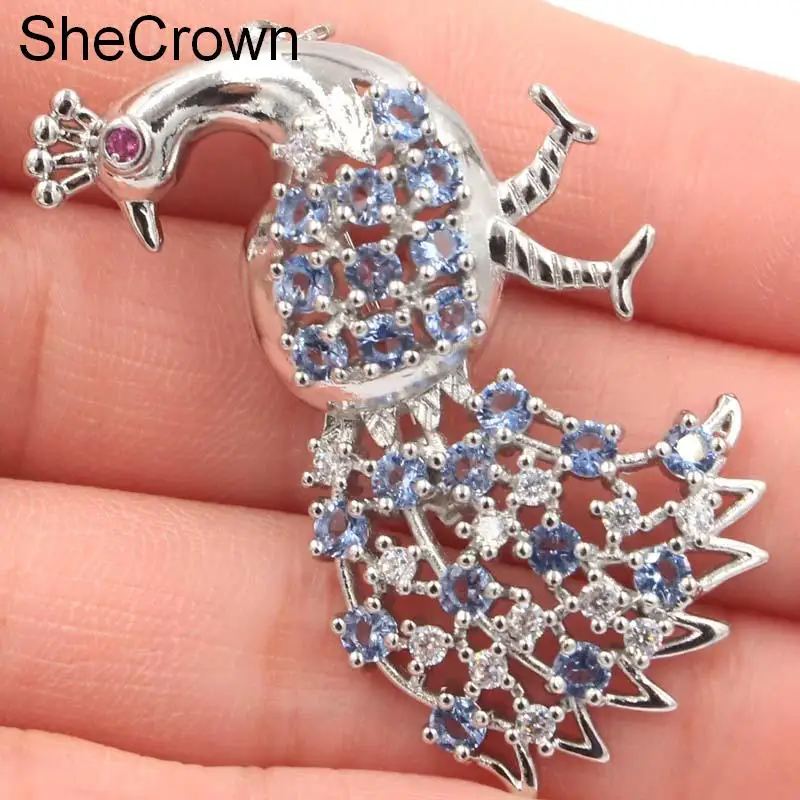 

New Designed Peacock Shape Rich Blue Violet Tanzanite,Tourmaline CZ Silver Brooch 46x29mm