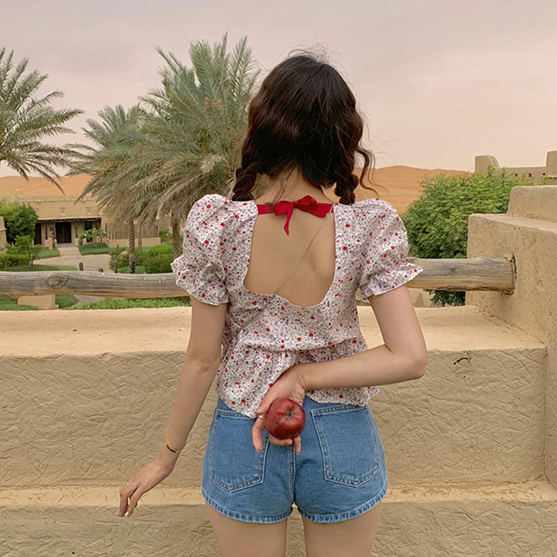 Blusas mujer de moda корейские женские топы блузки летние милые с открытой спиной бантом