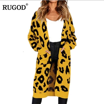 

RUGOD New Long Women Cardigans Leopard V-Neck Knitted Casual Women Sweater 2018 Autumn Winter Clothes pull femme hiver