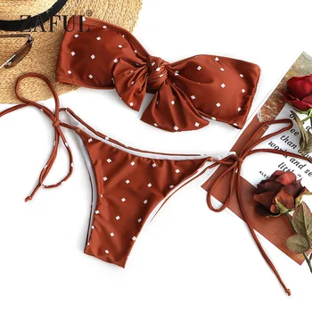 

ZAFUL Bikini Self-tie Dotted Bandeau Bikini Set Women Swimsuit Sexy Low Waisted Swimwear Print Strapless Padded Biquni Beachwear