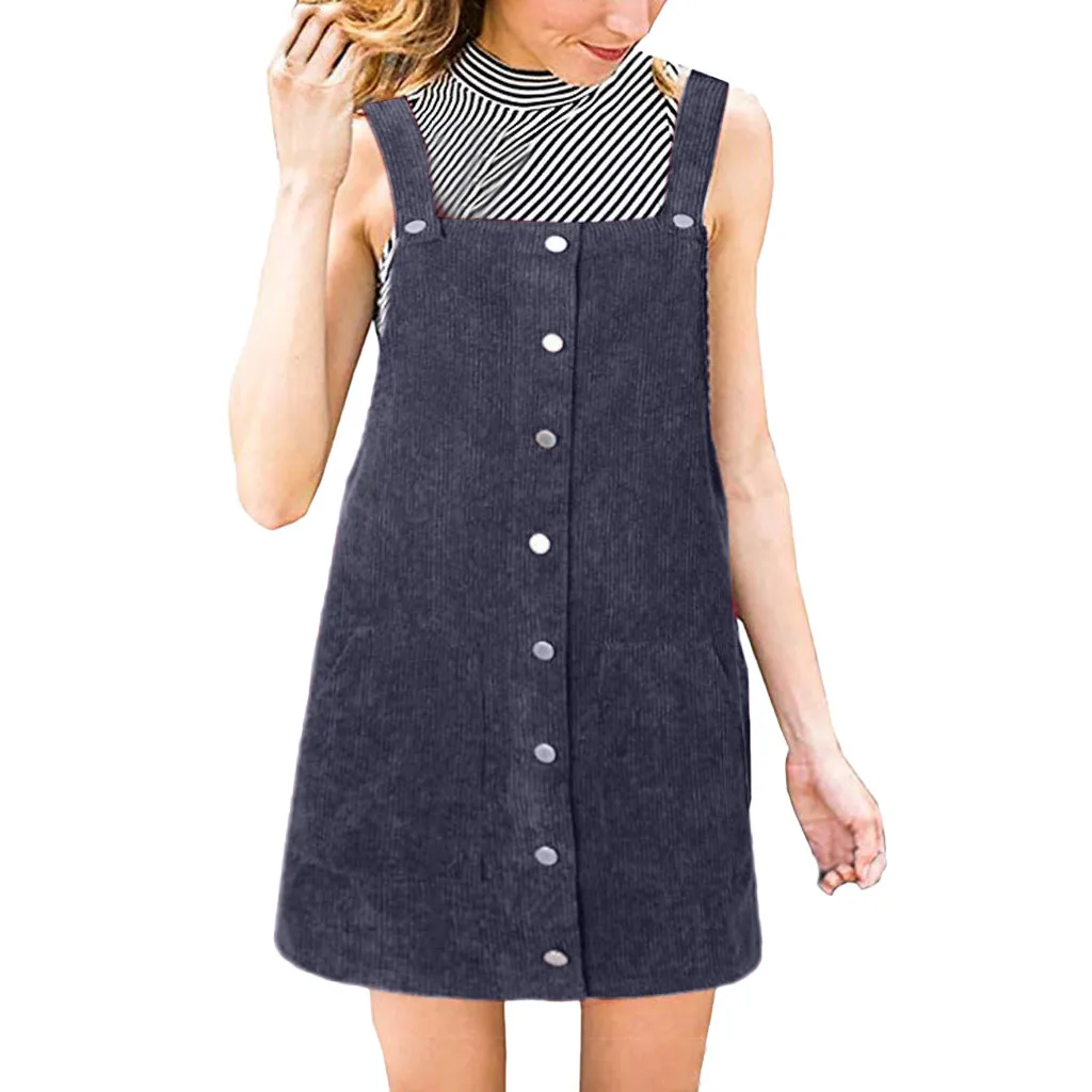 Feitong Women Dresses Corduroy Straight Suspender Bib Overall Pinafore Button Fashion Summer Casual Mini Dress Sundress Vestidos
Feitong Women Dresses Corduroy Straight Suspender Bib Overall Pinafore Button Fashion Summer Casual Mini Dress Sundress Vestidos