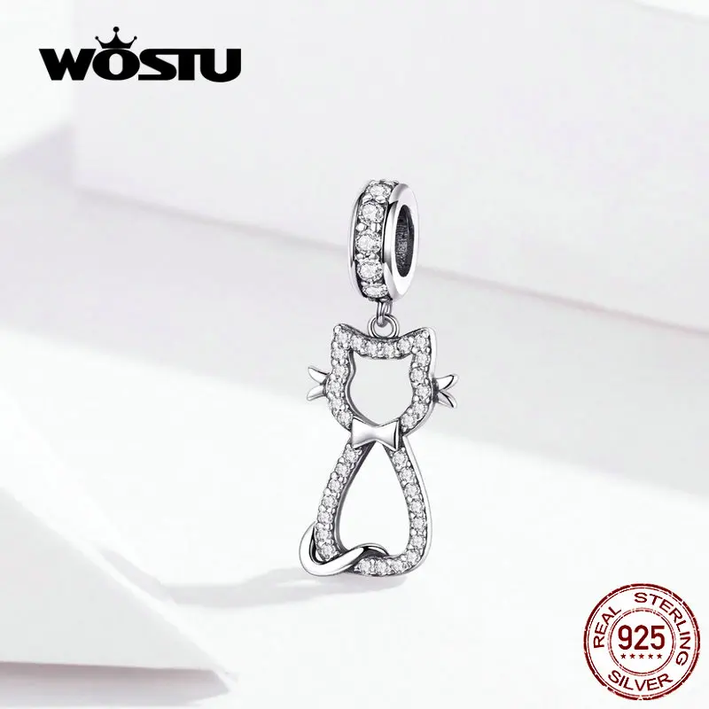 

WOSTU Sweet Cat Animal Dangle Charm 925 Sterling Silver Zircon Beads Fit Original DIY Bracelet Silver 925 Jewelry Making FIC1162