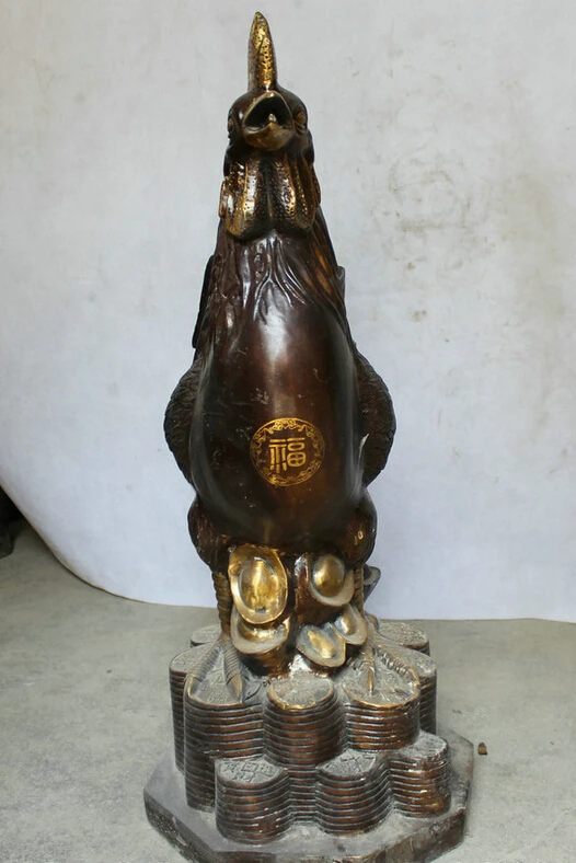 USPS to USA S2576 30" Chinese Fengshui Bronze Zodiac Year Cock Rooster Coin Money Wealth Statue B0401