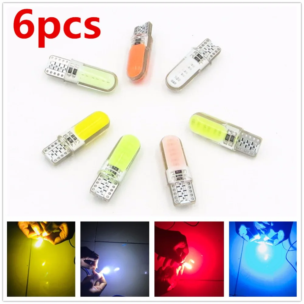 

6pcs 12V W5W T10 COB LED car Canbus Clearance license Reading Lights W3W W16W lamp Wedge dome bulb Yellow White Blue Red Green