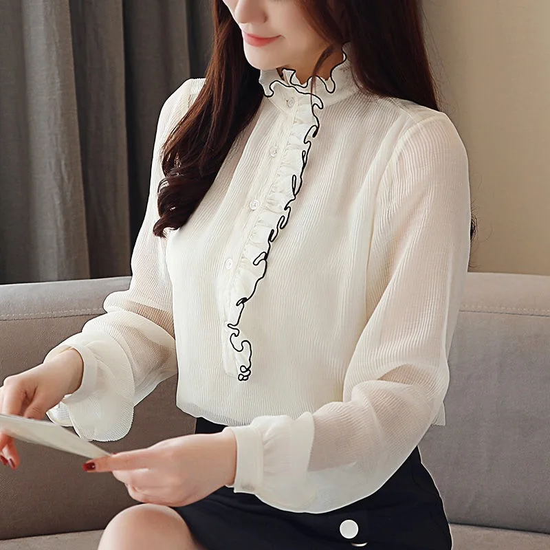 Spring Fall Office Lady Women Sweet Ruffle Stand Collar Chiffon Beige Blouse Top 2019 Korean Womens Long Loose Tops And Blouses
Spring Fall Office Lady Women Sweet Ruffle Stand Collar Chiffon Beige Blouse Top 2019 Korean Womens Long Loose Tops And Blouses