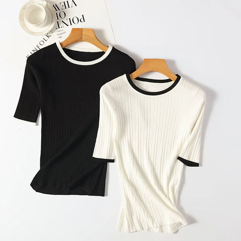 O-neck Short Sleeve Sweaters Tees Womens Casual simple Knitted Tops 2019 Summer Ladies clothes Striped breathable shirts female
O-neck Short Sleeve Sweaters Tees Womens Casual simple Knitted Tops 2019 Summer Ladies clothes Striped breathable shirts female