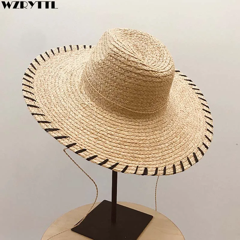 

2019 New Elegant 12cm Wide Brim Sun Hat Women Beach Hat Summer Raffia Straw Fedoras UV Protect Kentucky Derby Jazz Cap