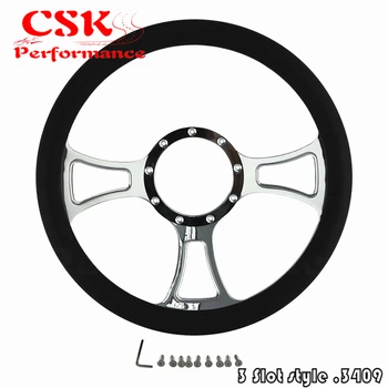 14" 3 Slot Style Billet Chrome Aluminum Steering Wheel W/ Half Wrap 9-Bolt Hole 
14" 3 Slot Style Billet Chrome Aluminum Steering Wheel W/ Half Wrap 9-Bolt Hole