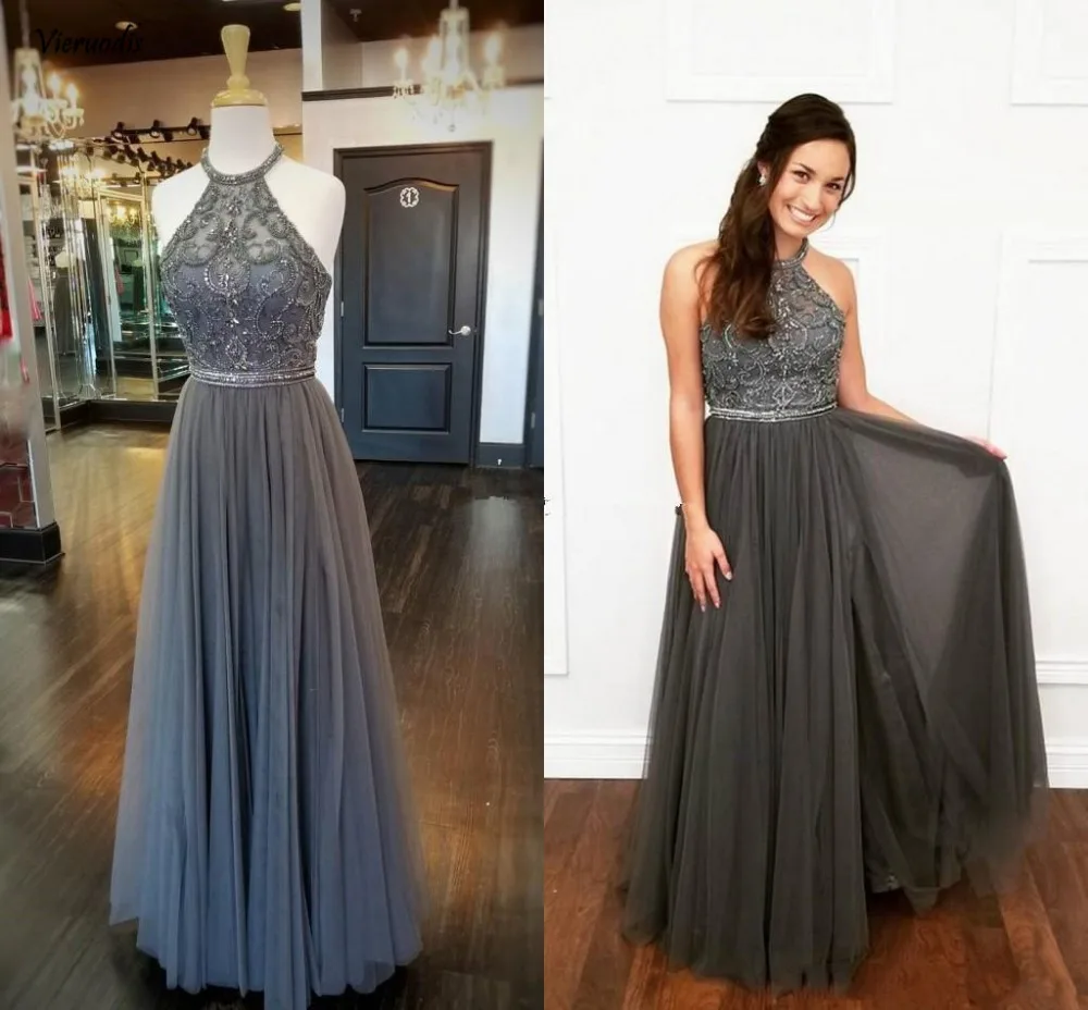 Real Image Grey Tulle A Line Long Prom Dresses with Beaded Halter Neck Evening Party Gowns Sleeveless
Real Image Grey Tulle A Line Long Prom Dresses with Beaded Halter Neck Evening Party Gowns Sleeveless