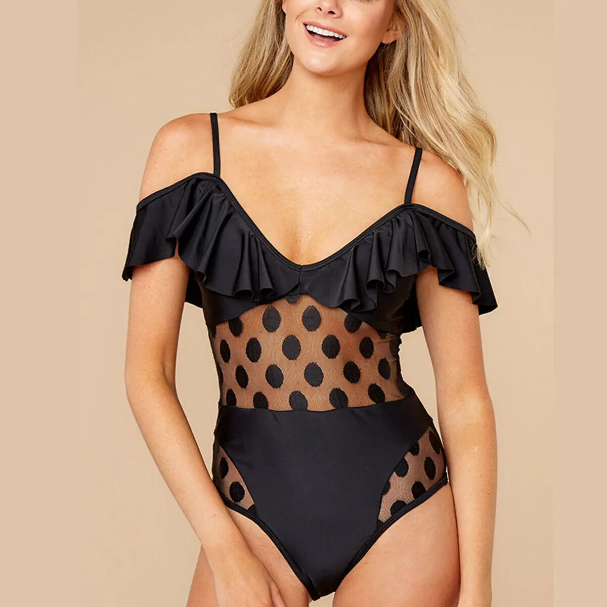 New Women Cold Shoulder Polka Dots Print Mesh Patchwork One Piece Bathing Monokini Push Up Padded Bikini Swimsuit Swimwear
New Women Cold Shoulder Polka Dots Print Mesh Patchwork One Piece Bathing Monokini Push Up Padded Bikini Swimsuit Swimwear