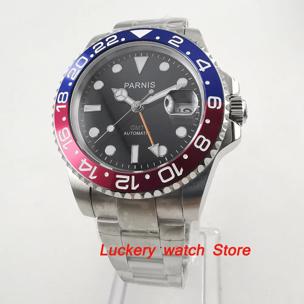 40mm Parnis Blue and red Bezel black dial orange GMT luminous marks sapphire glass automatic Mens Watch-PA56
40mm Parnis Blue and red Bezel black dial orange GMT luminous marks sapphire glass automatic Mens Watch-PA56