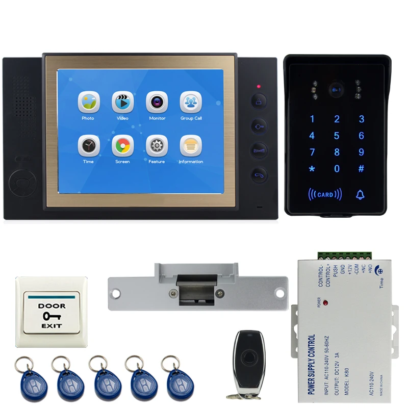 

JEX Video Door Phone Doorbell Intercom system Kit 8 inch Voice/Video Record Black Monitor+Waterproof Password Keypad RFID Camera