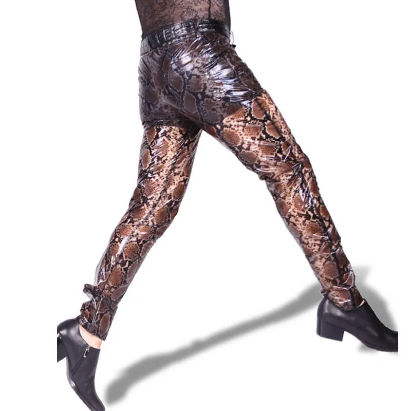 

Sexy Men Plus Size Snake Leopard High Eelastic Tight Pencil Pants PU See Through Glossy Stage Tight Trousers Gay Wear F118