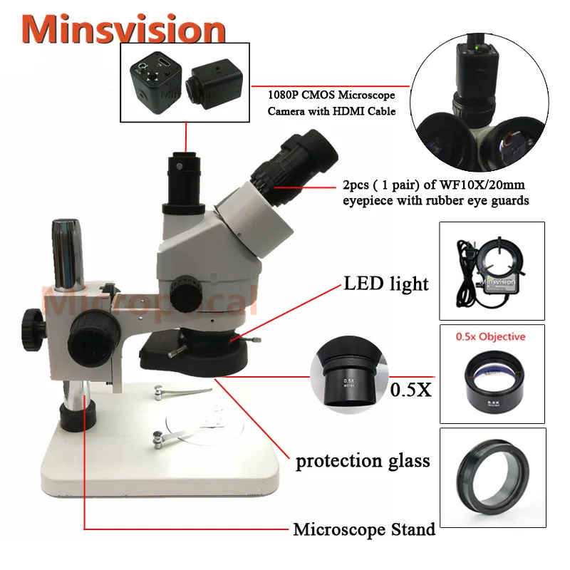 Minsvision 1080P HDMI цифровая камера 7 45X Тринокулярный Стерео микроскоп светодиодный