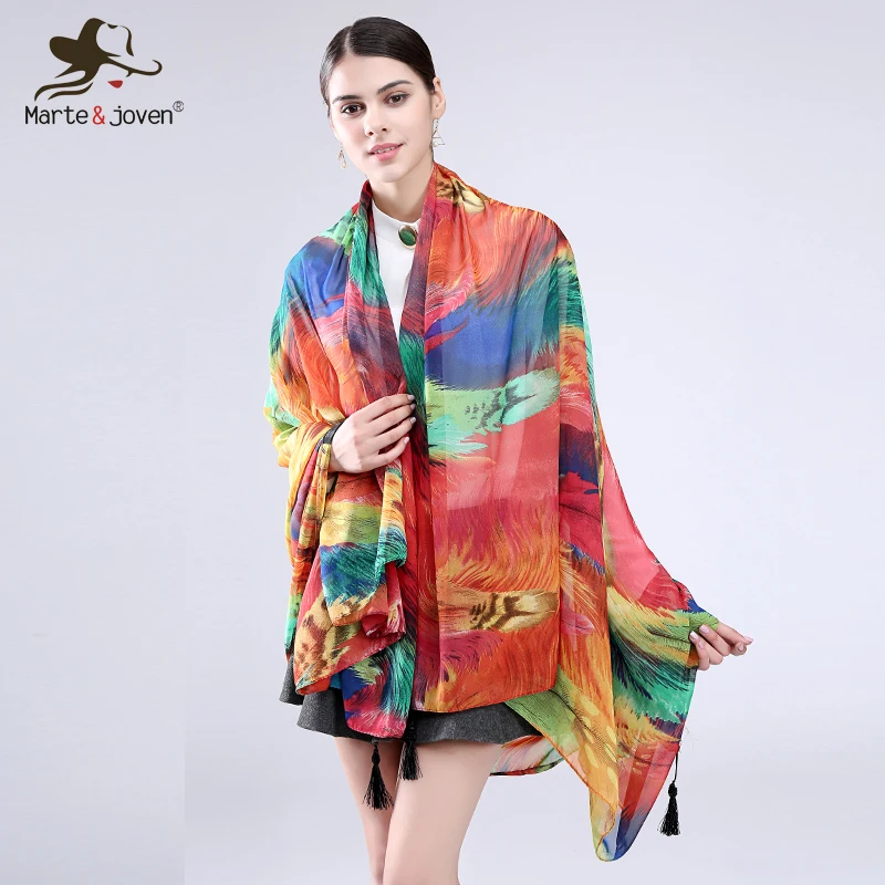 

Marte&Joven Bohemia Style Colourful Rainbow Feather Scarves Magnificent Bandana Stylish Long Summer Pashmina Shawls For Woman