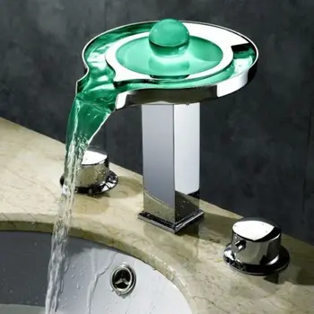 Modern Waterfall LED Widespread Double Handles Sink Faucet Chrome Free ship