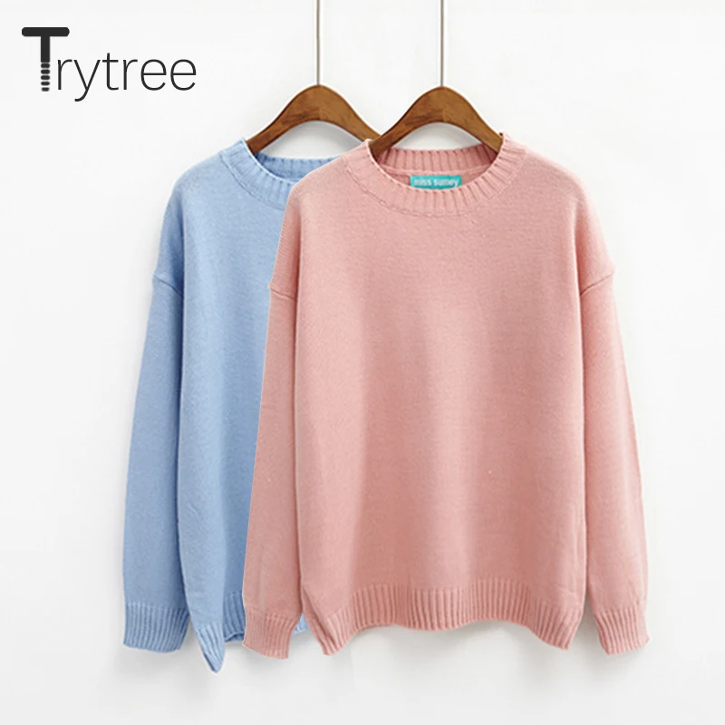 Trytree Autumn Winter Women Sweater Casual O-Neck Acrylic Solid 14 Colors Pullovers Computer Knitwear Thin Tops | Женская одежда