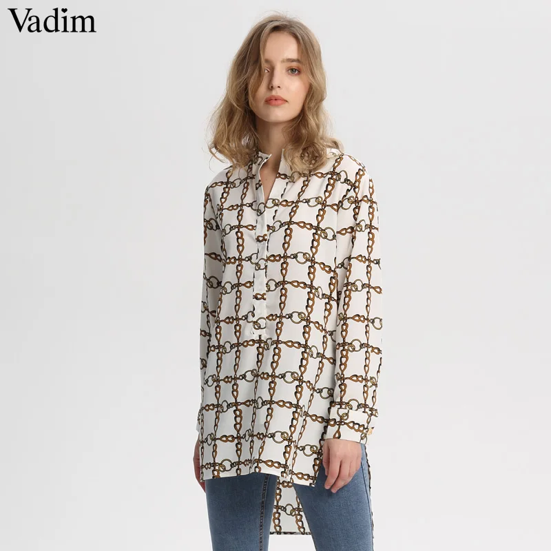 Vadim women elegant chain print long blouse long sleeve side split irregular shirts ladies streetwear loose tops blusas LA323
Vadim women elegant chain print long blouse long sleeve side split irregular shirts ladies streetwear loose tops blusas LA323