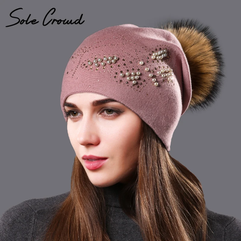 

Sole Crowd autumn winter skullies beanies Fashion Pearl Butterfly hats for women's knitted warm wool caps female pompoms fur hat