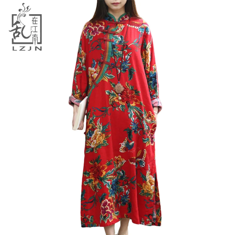 

LZJN Long Sleeve Dress Cotton Linen Cheongsam Qipao Summer Autumn Floral Butterfly Print Robe Traditional Chinese Women Dress