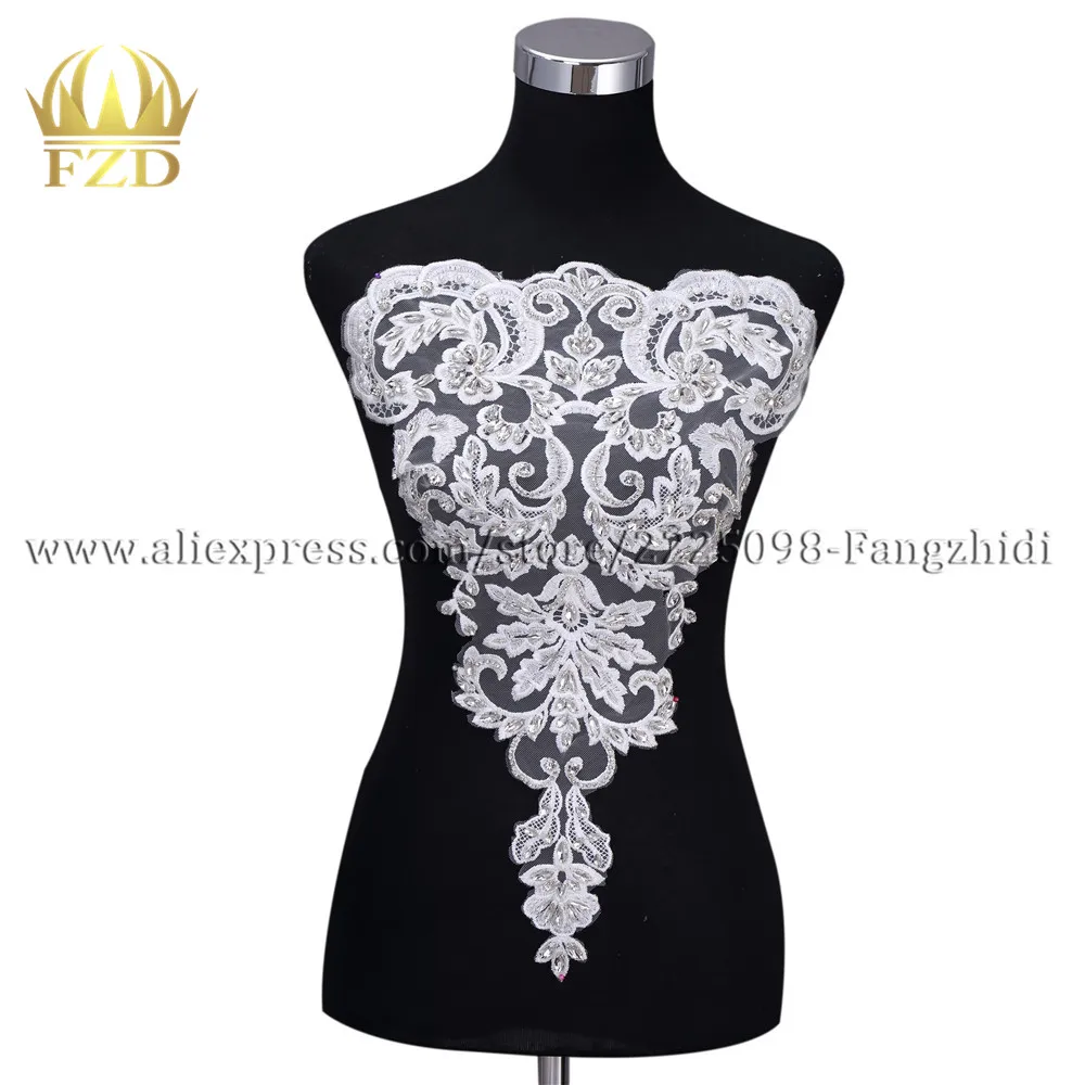 

FZD 1 Piece Bodice Applique Pearl Rhinestones Beaded Wedding Dress Beaded Lace Appliques for Women DIY Fabric Trimming