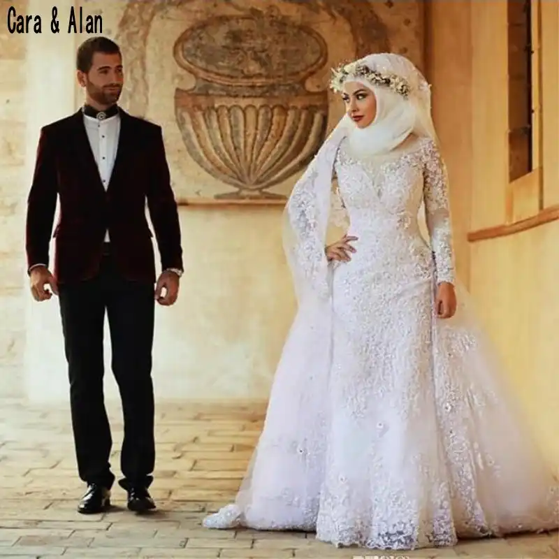 Modest Long Sleeves Islamic Wedding Dresses With Hijab Overskirt