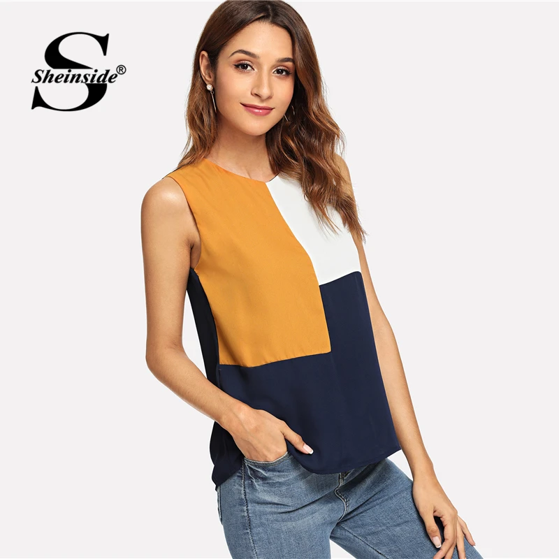 

Sheinside Sleeveless Colorblock Top Office Ladies Work Cut and Sew Autumn Tops for Women 2018 Multicolor Casual Blouse