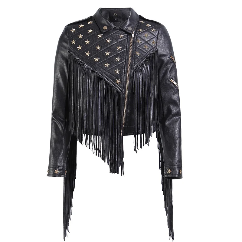 2019 Autumn Women Cool Tassel PU Leather Jackets Motorcycle Stars Rivets Short Leather Coats Punk Rock Faux Leather Jackets
2019 Autumn Women Cool Tassel PU Leather Jackets Motorcycle Stars Rivets Short Leather Coats Punk Rock Faux Leather Jackets