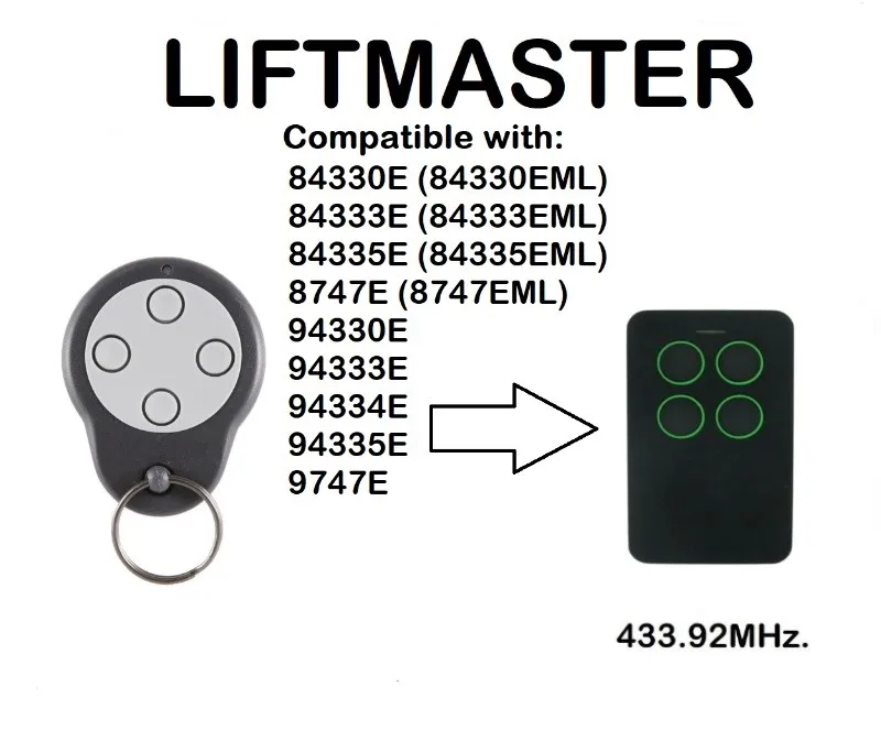 LIFTMASTER 84330E, 84333E, 84335E, 8747E Compatible Remote Control 433.92MHz.
LIFTMASTER 84330E, 84333E, 84335E, 8747E Compatible Remote Control 433.92MHz.