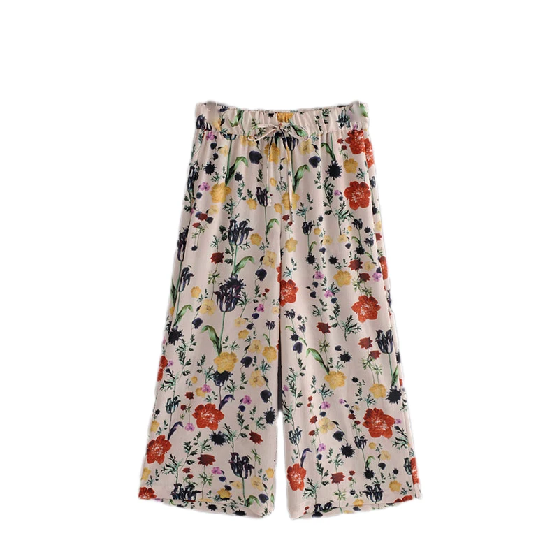 Фото Винтаж Цветочный принт Широкие брюки Для женщин свободные дамы летние