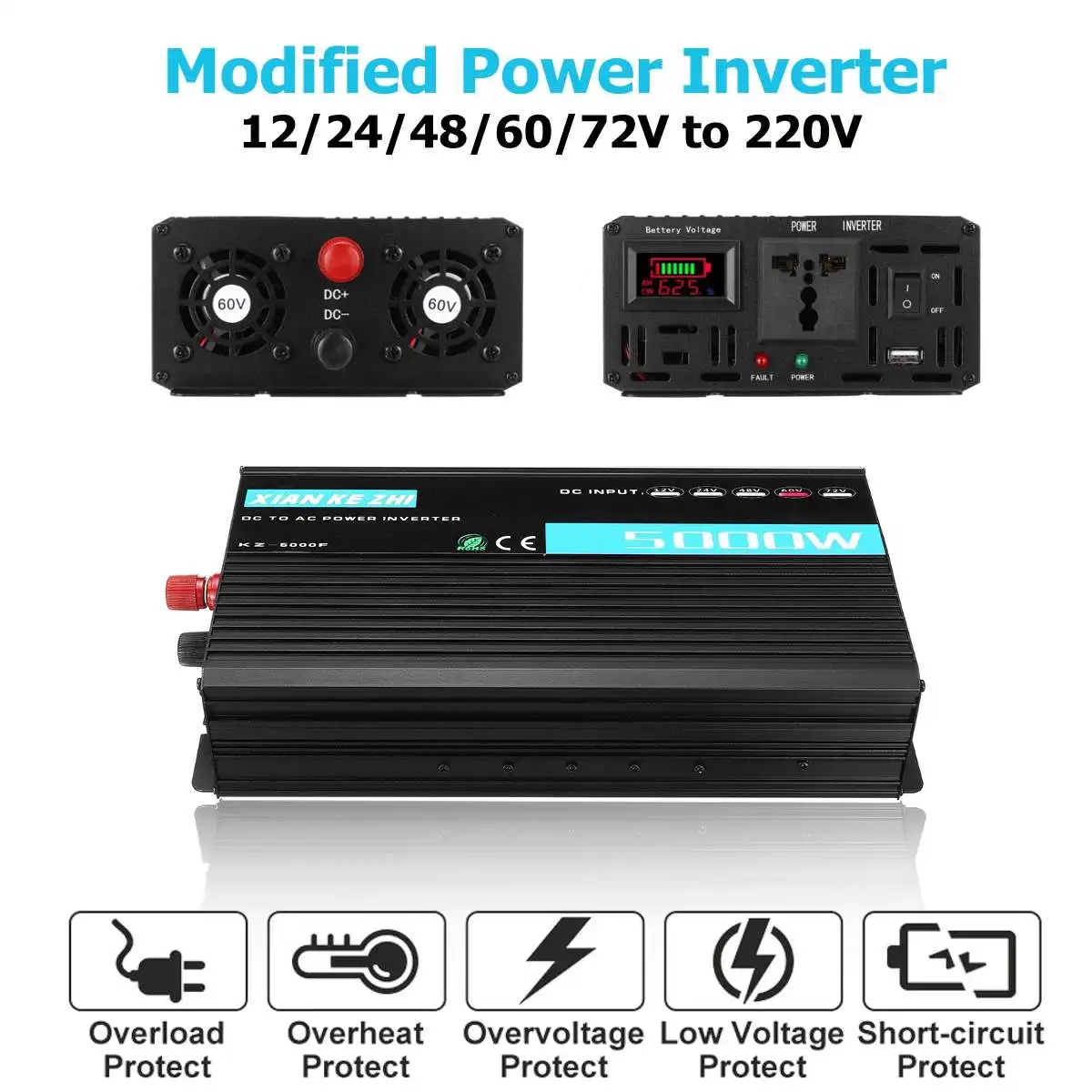 Peaks 5000W 2200W Modified Power Inverter DC 12/24/48/60/70V to AC 220V Intelligent Multiple Protection Double LED Display
Peaks 5000W 2200W Modified Power Inverter DC 12/24/48/60/70V to AC 220V Intelligent Multiple Protection Double LED Display