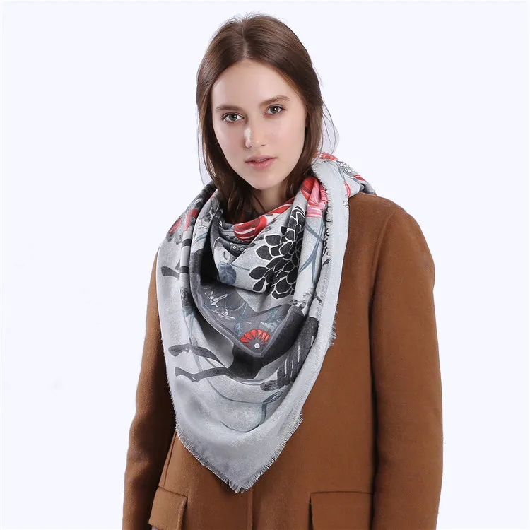 [POBING] Luxury Brand Winter Scarf Cashmere Wool Square Scarf Spain Horse Rose Flower Print NecKerchief Women Shawls Wrap Hijab 12