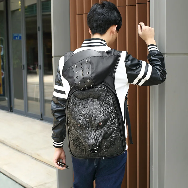 Fashion Personality Fierce wolf Embossing knife leather backpack rivets backpack with Hood cap apparel bag cross bags hiphop man Fashion Personality Fierce wolf Embossing knife leather backpack rivets backpack with Hood cap apparel bag cross bags hiphop man